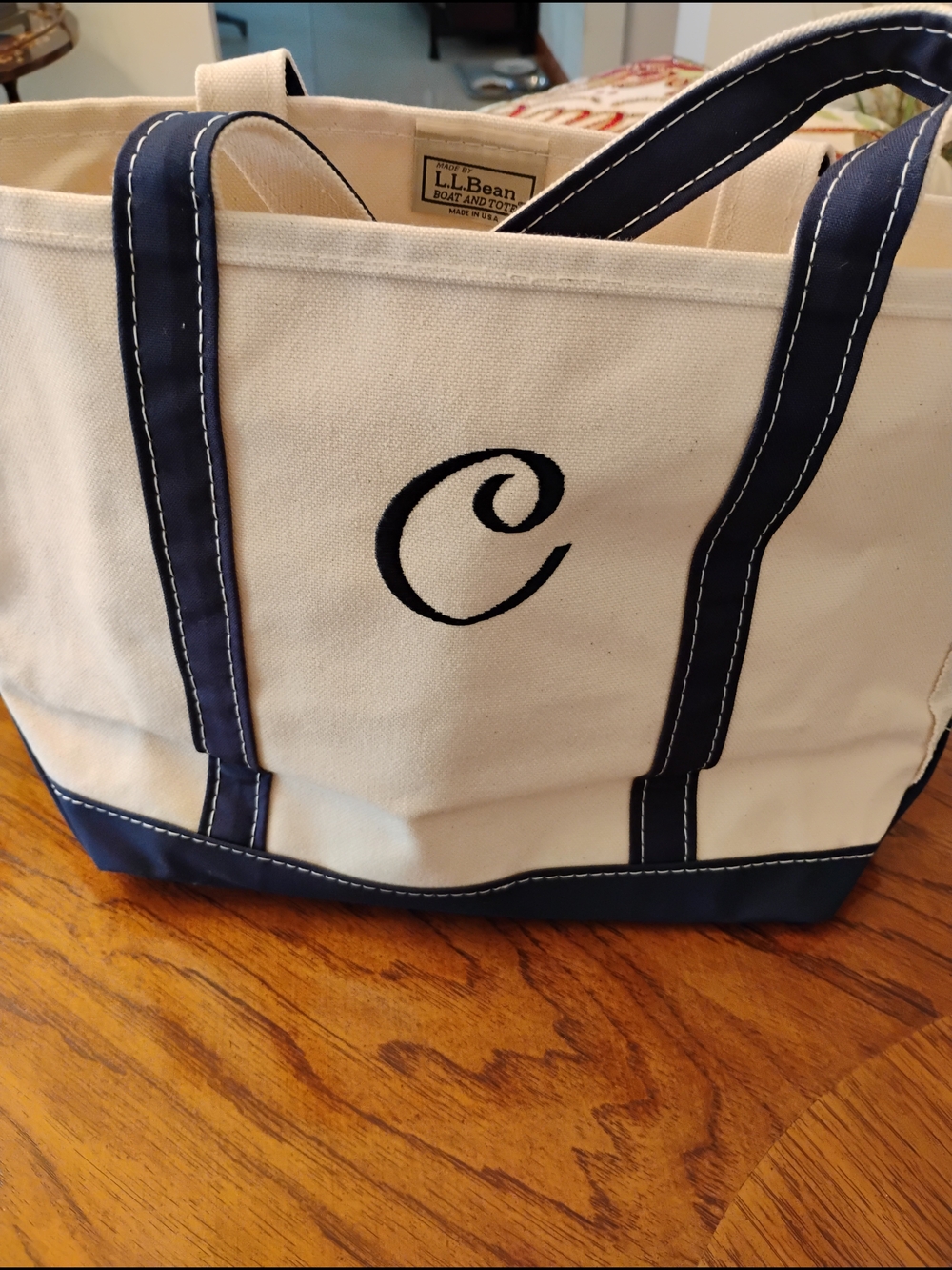 L.L. Bean Navy & Cream Boat and Tote Canvas Bag - Monogrammed C